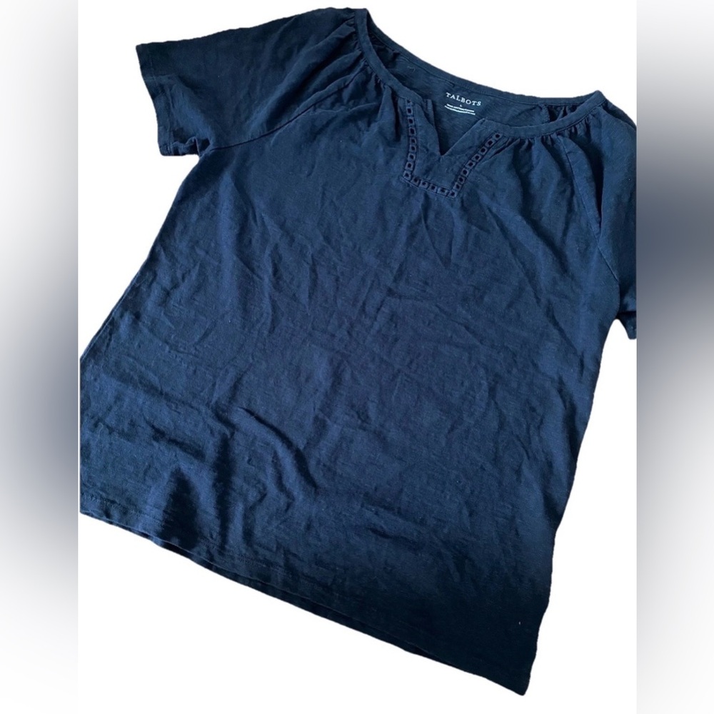 Talbots Navy Short Sleeve Top with Notch Detail L